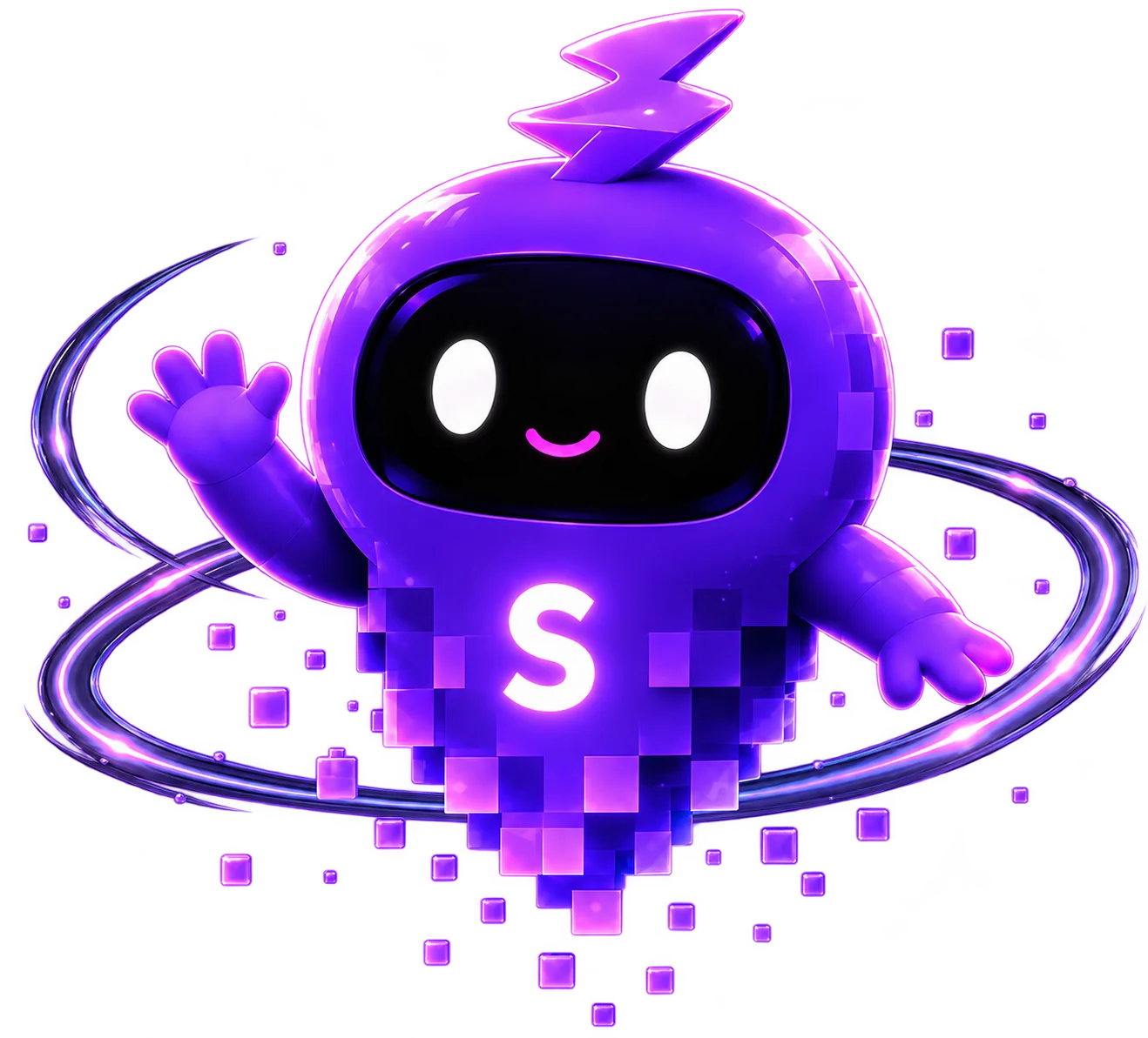 Statty waving with orbit rings beside the SellStatic story
