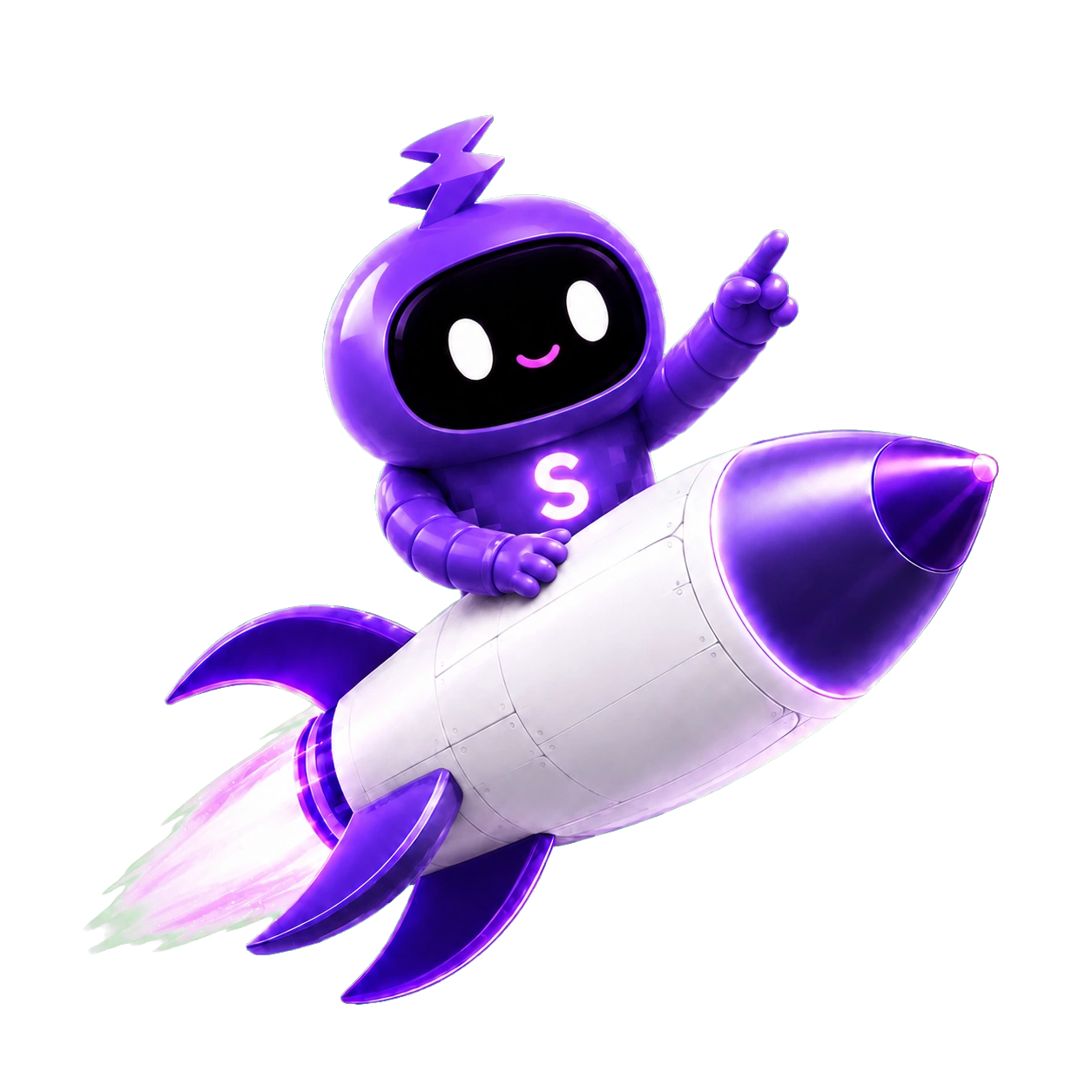 Statty riding a SellStatic rocket toward launch